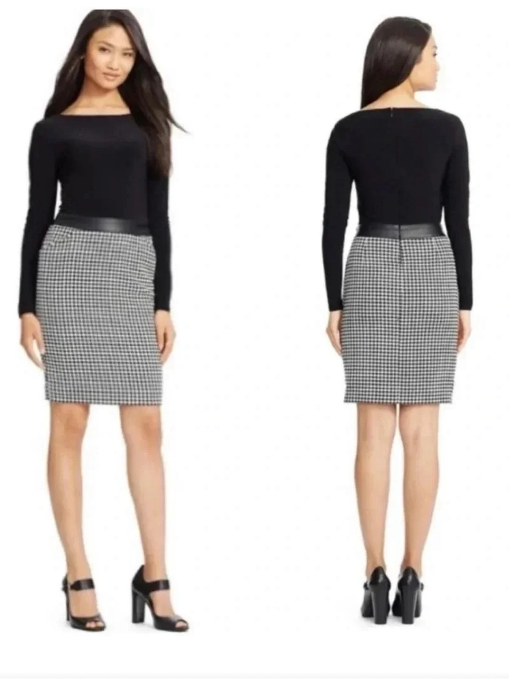 Lauren Ralph Lauren Black-and-White Houndstooth Pencil Skirt Dress size 12